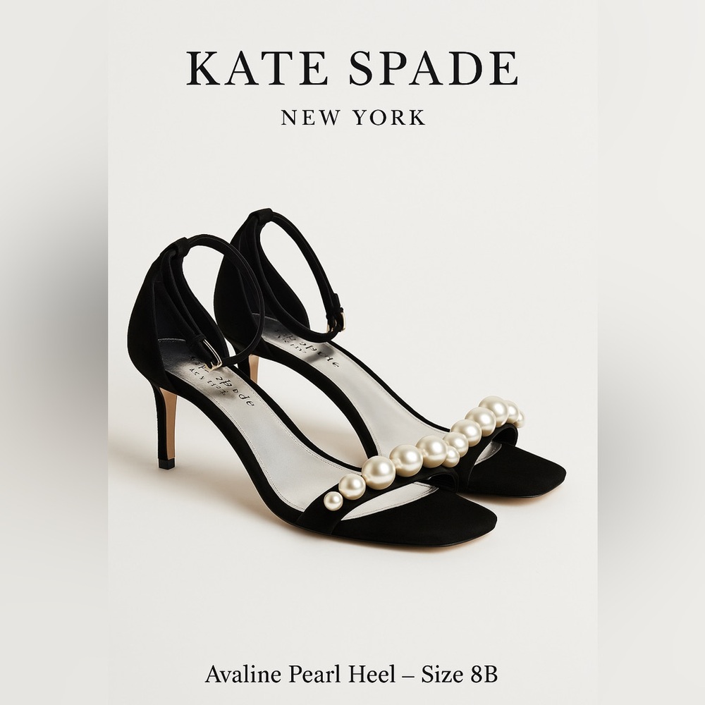 Kate Spade Avaline Pearl Sandals Sz 8B Black Suede Heels Square Toe Ankle Strap
